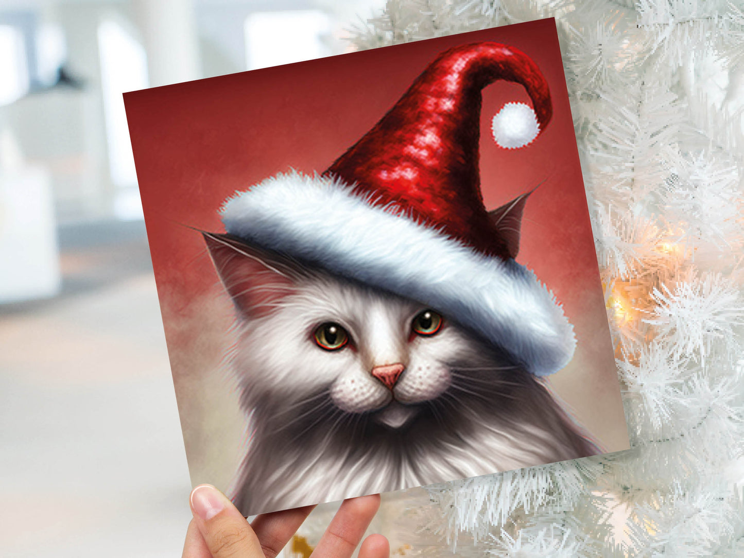 White Cat Christmas Card Long Haired Kitty Wearing Cute Red Santa Hat Festive with Amber Eyes Greetings Cards For Family Friends Xmas 2023