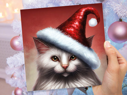 White Cat Christmas Card Long Haired Kitty Wearing Cute Red Santa Hat Festive with Amber Eyes Greetings Cards For Family Friends Xmas 2023