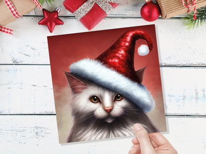 White Cat Christmas Card Long Haired Kitty Wearing Cute Red Santa Hat Festive with Amber Eyes Greetings Cards For Family Friends Xmas 2023