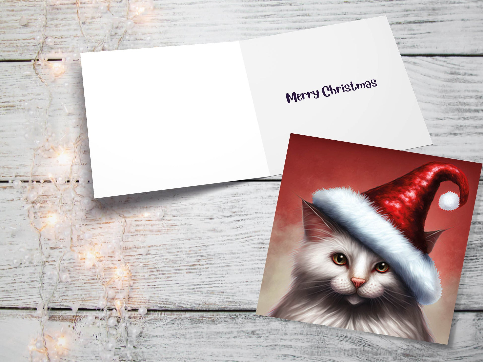 White Cat Christmas Card Long Haired Kitty Wearing Cute Red Santa Hat Festive with Amber Eyes Greetings Cards For Family Friends Xmas 2023