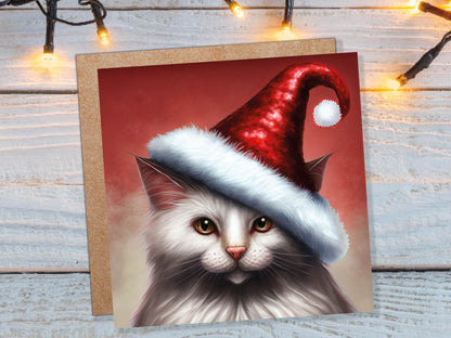 White Cat Christmas Card Long Haired Kitty Wearing Cute Red Santa Hat Festive with Amber Eyes Greetings Cards For Family Friends Xmas 2023