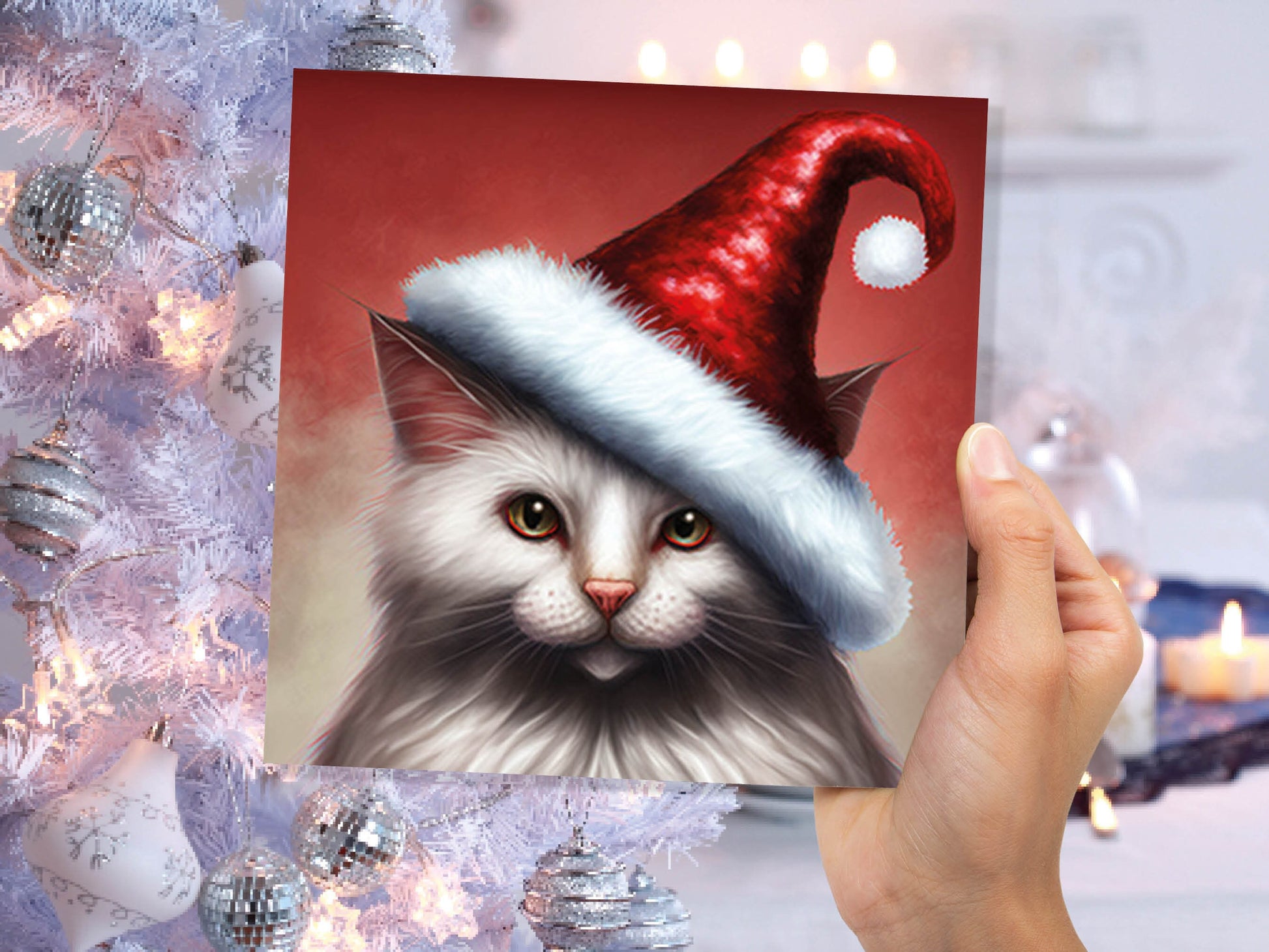 White Cat Christmas Card Long Haired Kitty Wearing Cute Red Santa Hat Festive with Amber Eyes Greetings Cards For Family Friends Xmas 2023