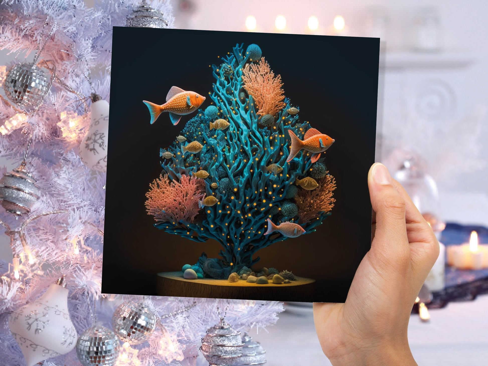 Coral Christmas Tree Card Underwater Ocean Scene Aqua Blue and Orange Sea Life Swim Fish Unique Greetings Cards For Family Friends Xmas 2023