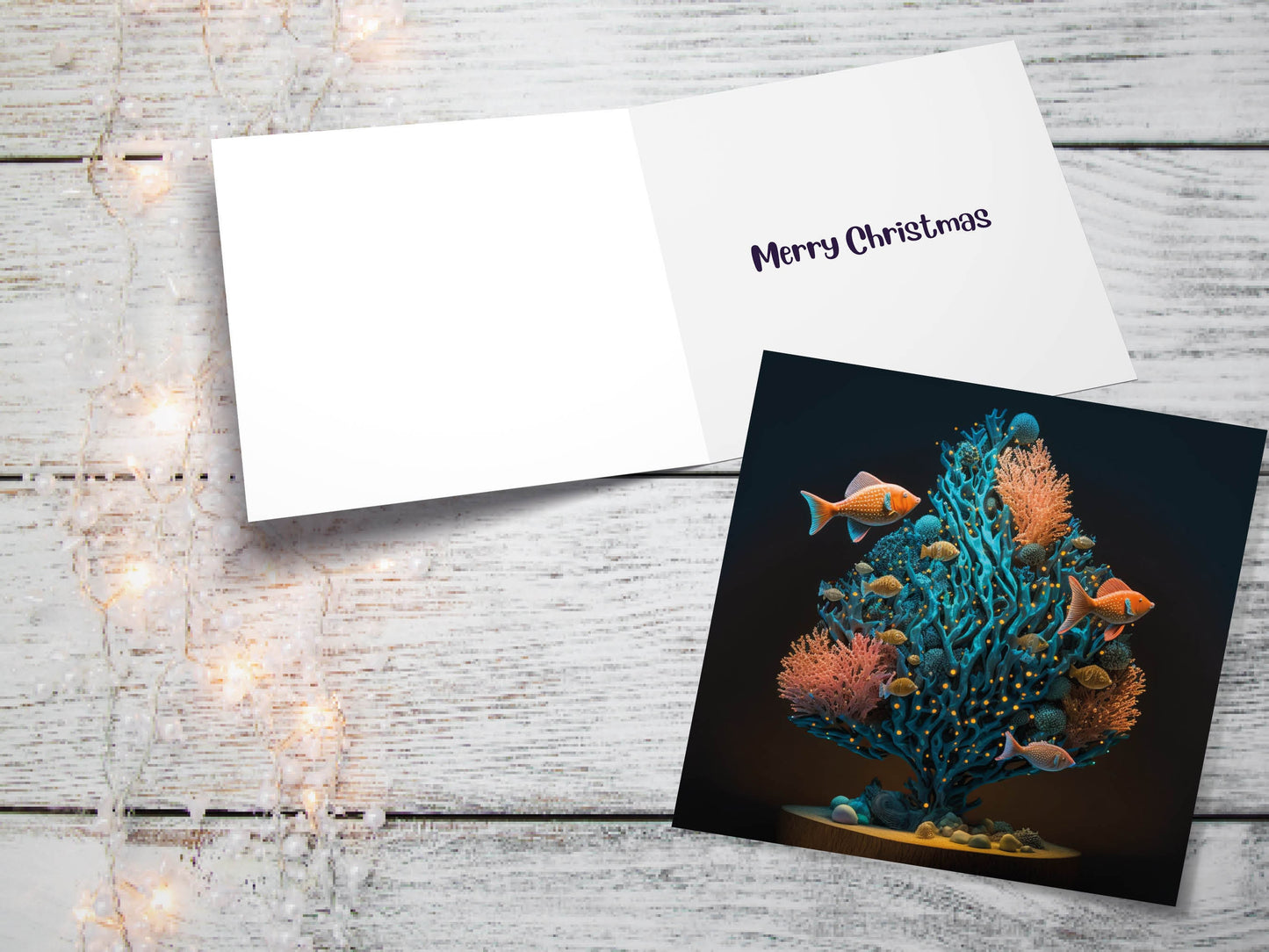 Coral Christmas Tree Card Underwater Ocean Scene Aqua Blue and Orange Sea Life Swim Fish Unique Greetings Cards For Family Friends Xmas 2023