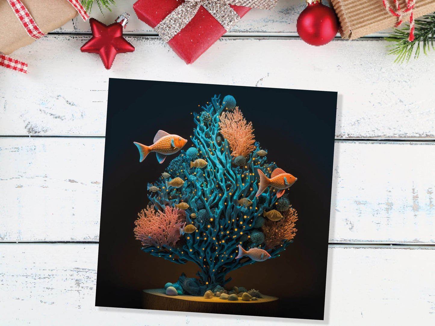 Coral Christmas Tree Card Underwater Ocean Scene Aqua Blue and Orange Sea Life Swim Fish Unique Greetings Cards For Family Friends Xmas 2023