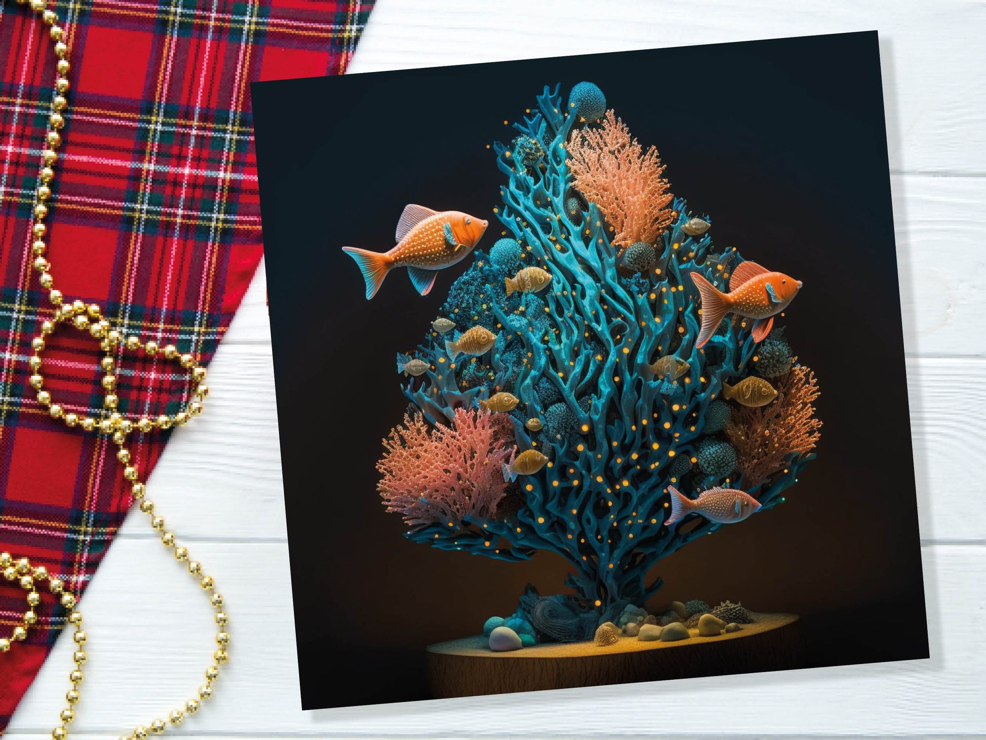 Coral Christmas Tree Card Underwater Ocean Scene Aqua Blue and Orange Sea Life Swim Fish Unique Greetings Cards For Family Friends Xmas 2023