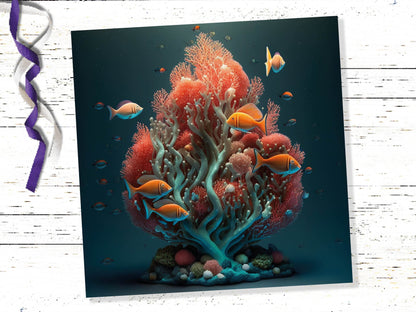 Ocean Christmas Tree Card Underwater Coral Scene Aqua Blue and Orange Sea Life Swim Fish Unique Greetings Cards For Family Friends Xmas 2023