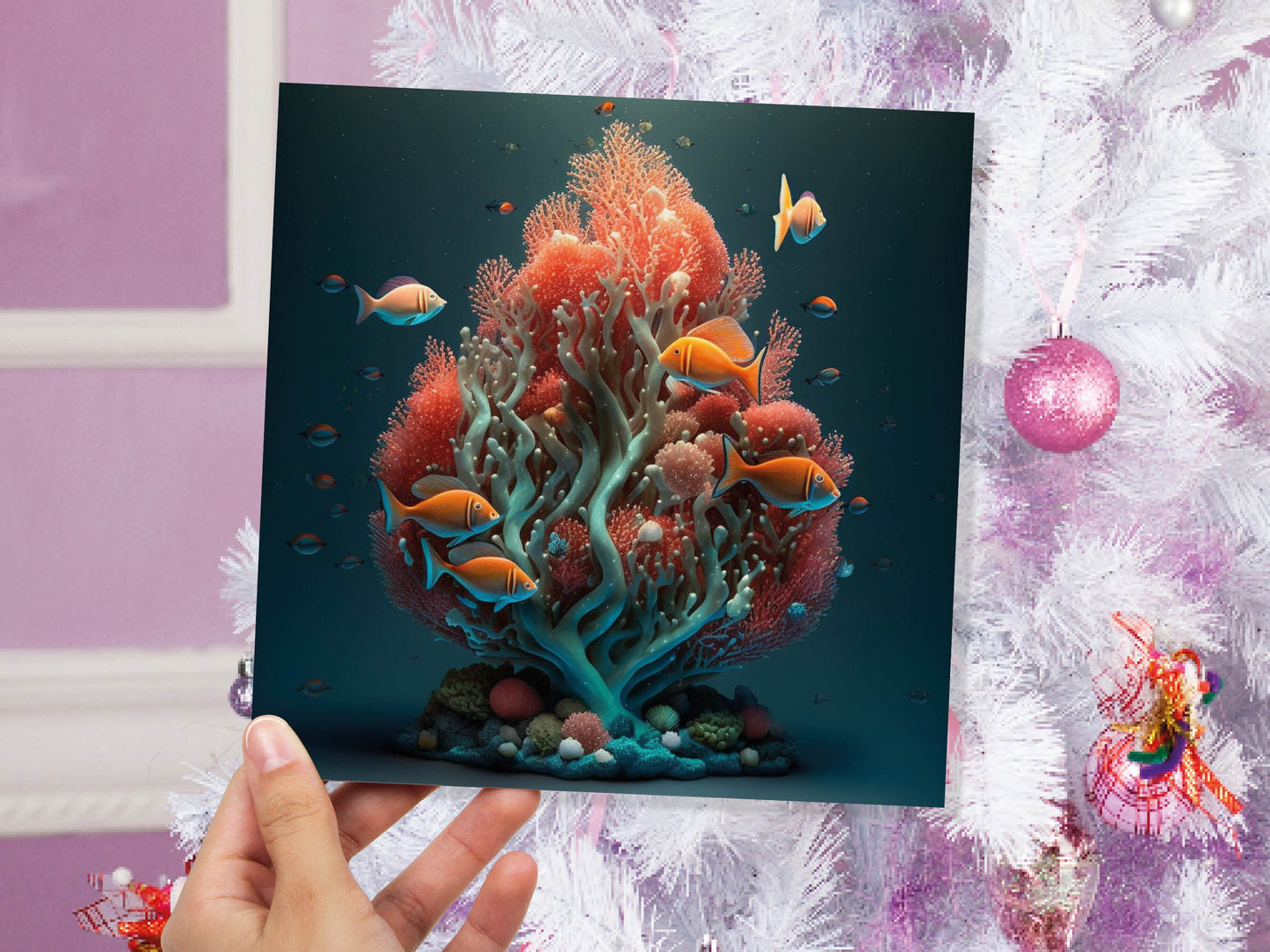 Ocean Christmas Tree Card Underwater Coral Scene Aqua Blue and Orange Sea Life Swim Fish Unique Greetings Cards For Family Friends Xmas 2023