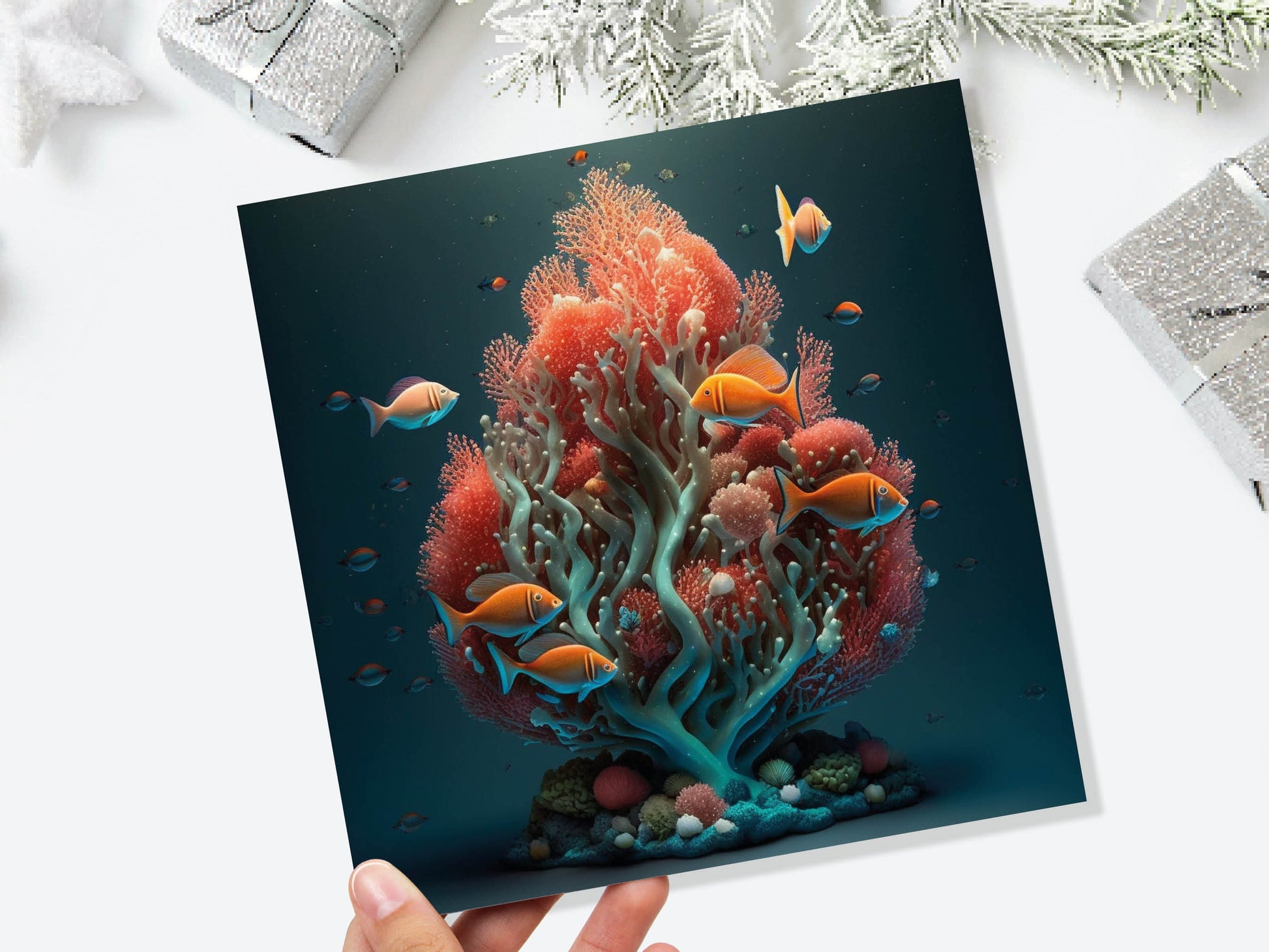 Ocean Christmas Tree Card Underwater Coral Scene Aqua Blue and Orange Sea Life Swim Fish Unique Greetings Cards For Family Friends Xmas 2023