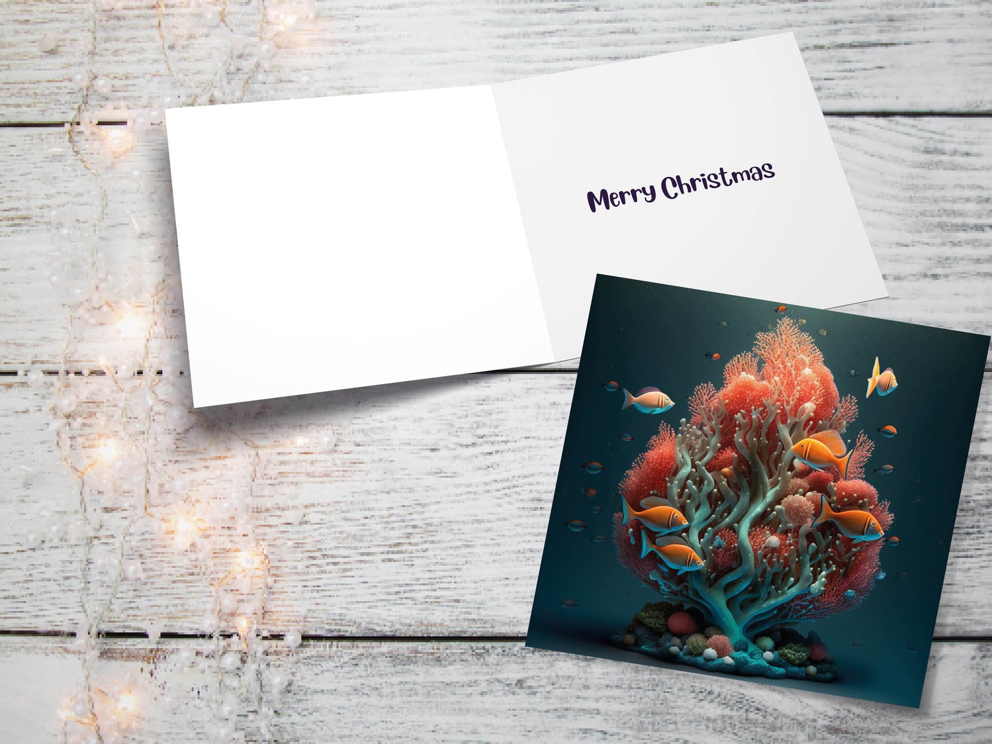 Ocean Christmas Tree Card Underwater Coral Scene Aqua Blue and Orange Sea Life Swim Fish Unique Greetings Cards For Family Friends Xmas 2023