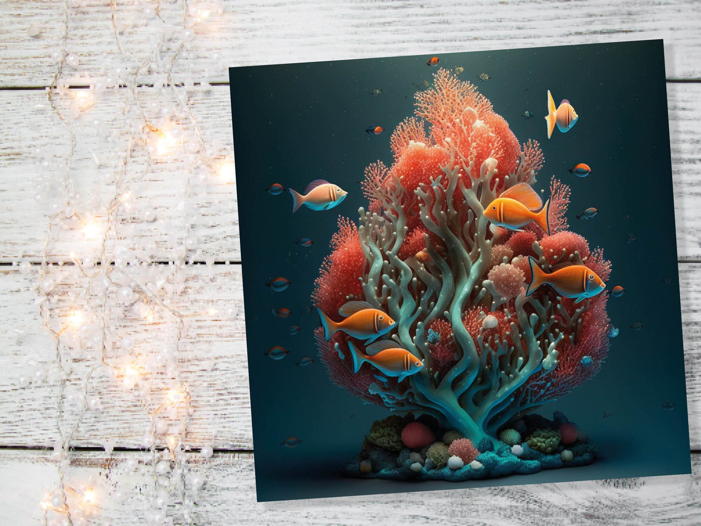 Ocean Christmas Tree Card Underwater Coral Scene Aqua Blue and Orange Sea Life Swim Fish Unique Greetings Cards For Family Friends Xmas 2023