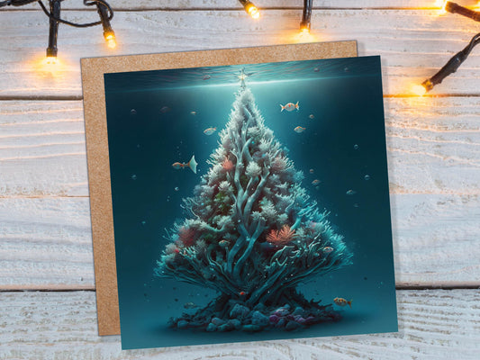 Underwater Christmas Tree Card Ocean Coral Scene Blue Under the Sea Life Swimming Fish Unique Greetings Cards For Family Friends Xmas 2022