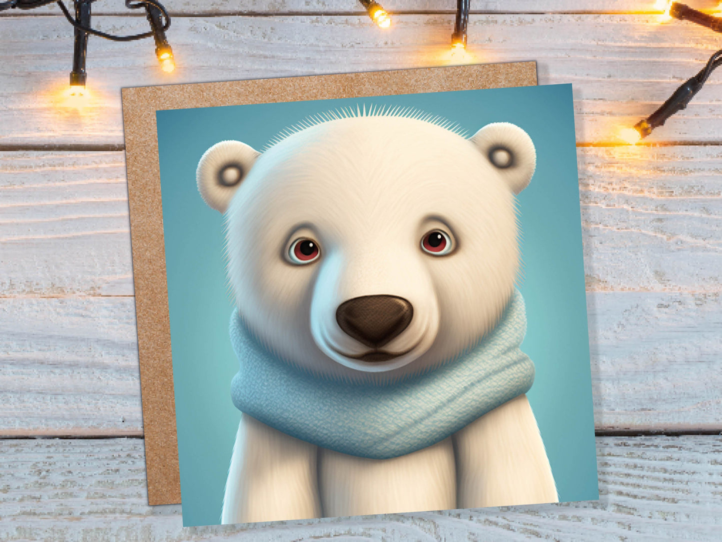 Polar Bear Card Cute Light Baby Blue and White Winter Cub Wearing Scarf Design Greetings Cards For Family Best Friends Birthdays Thank You