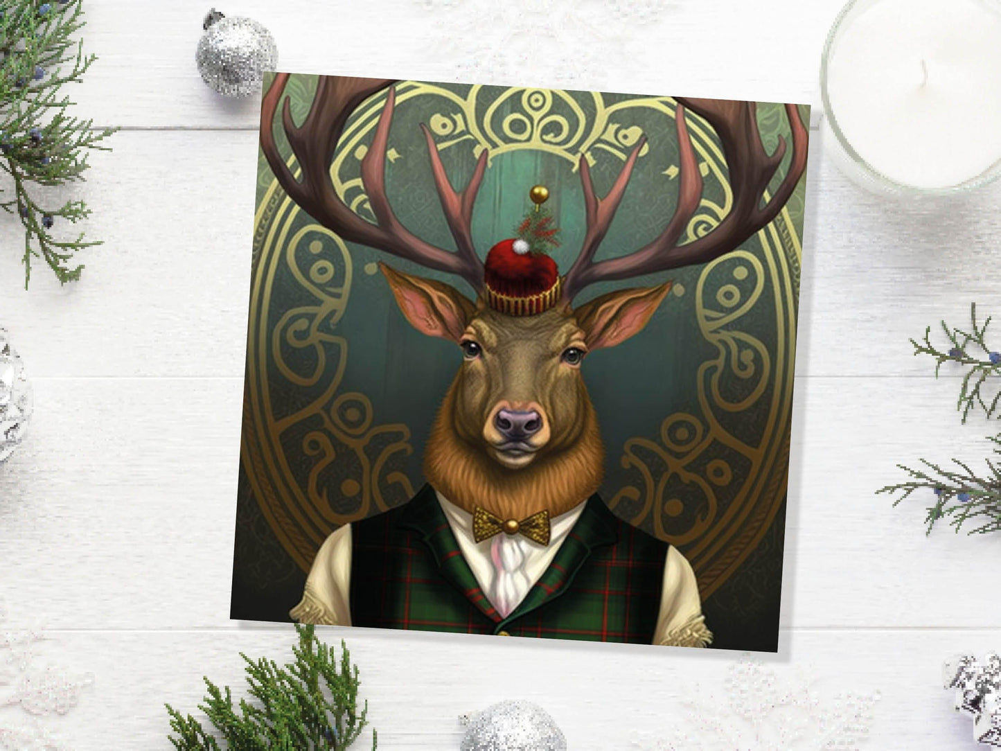 Dapper Deer Card Wearing Suit with Tartan Scottish Hat Tam o’ Shanter Scotland Greetings Cards For Family Best Friends Birthdays Thank You