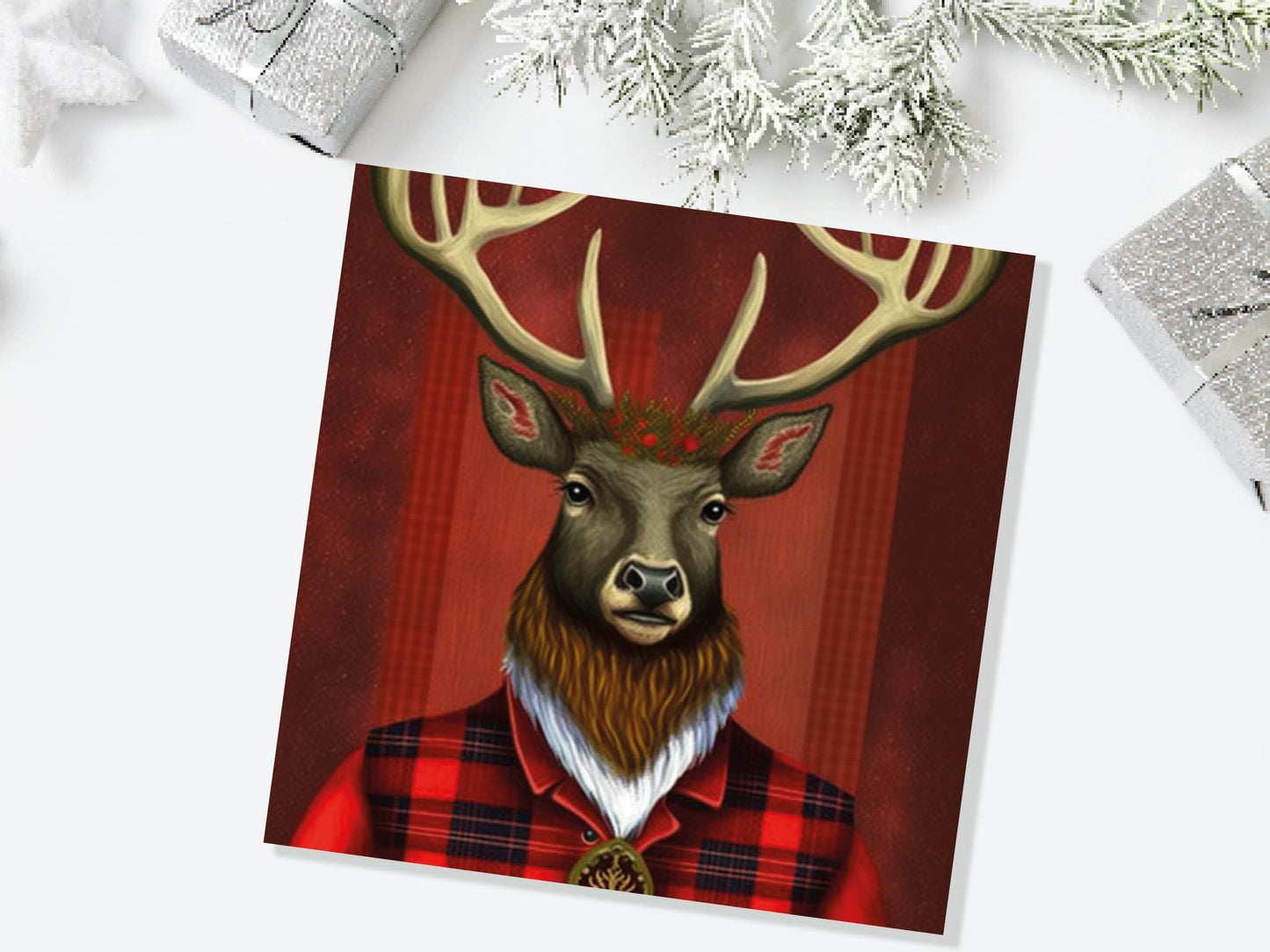 Red Dapper Deer Card Wearing Tartan Coat Festive Scottish Reindeer Hat Scotland Greetings Cards For Family Best Friends Birthdays Thank You