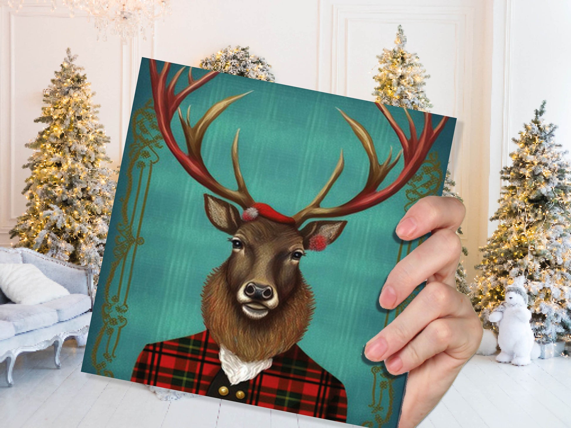 Teal Dapper Deer Card Wearing Red Tartan Frock Coat Festive Scottish Scotland Greetings Cards For Family Best Friends Birthdays Thank You