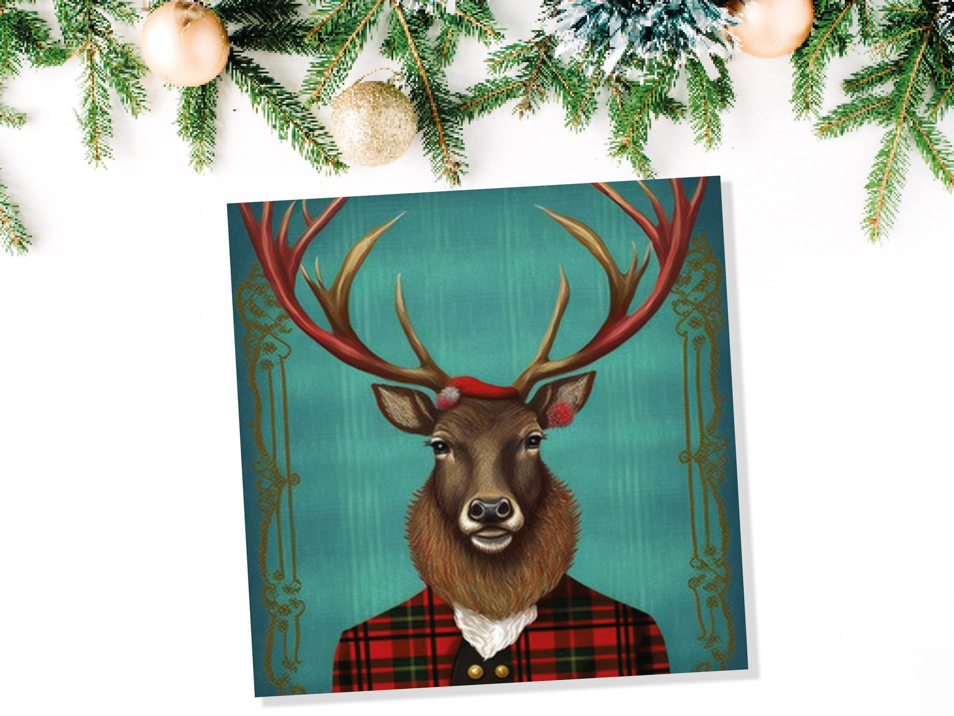 Teal Dapper Deer Card Wearing Red Tartan Frock Coat Festive Scottish Scotland Greetings Cards For Family Best Friends Birthdays Thank You