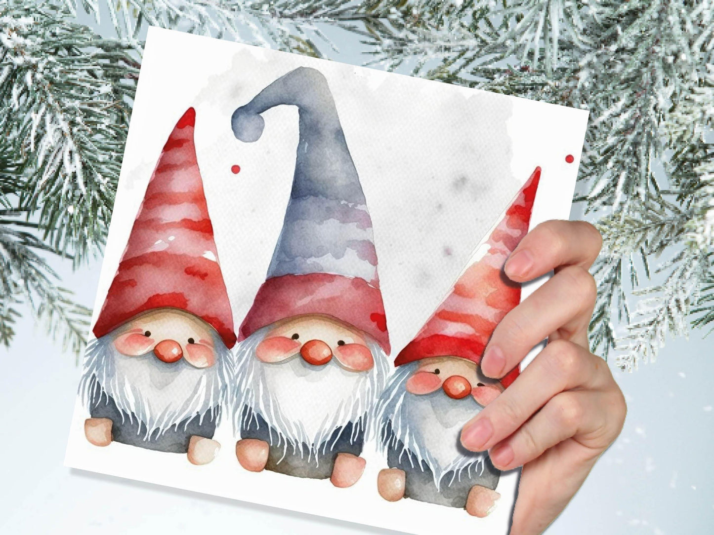 Gonk Gnomes Card Cute Red band Grey Watercolour Painting Pointy Hats and Beards Greetings Cards For Family Best Friends Birthdays Thank You