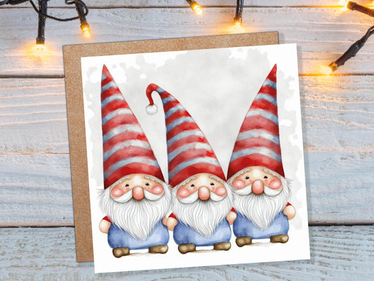 Cute Gonk Gnomes Christmas Card Red Blue White Watercolour Painting Pointy Hats and Beards Greetings Cards For Family Best Friends Xmas 2023