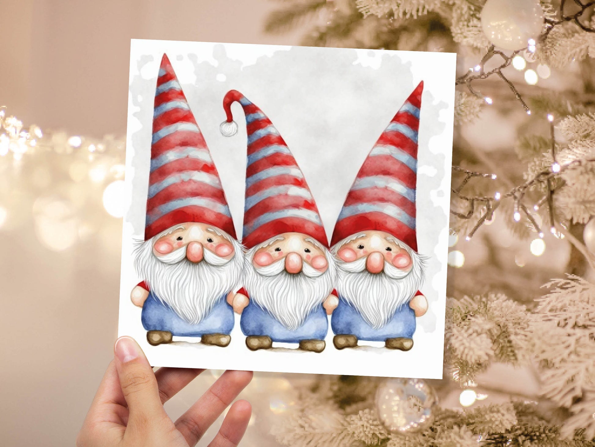 Cute Gonk Gnomes Christmas Card Red Blue White Watercolour Painting Pointy Hats and Beards Greetings Cards For Family Best Friends Xmas 2023