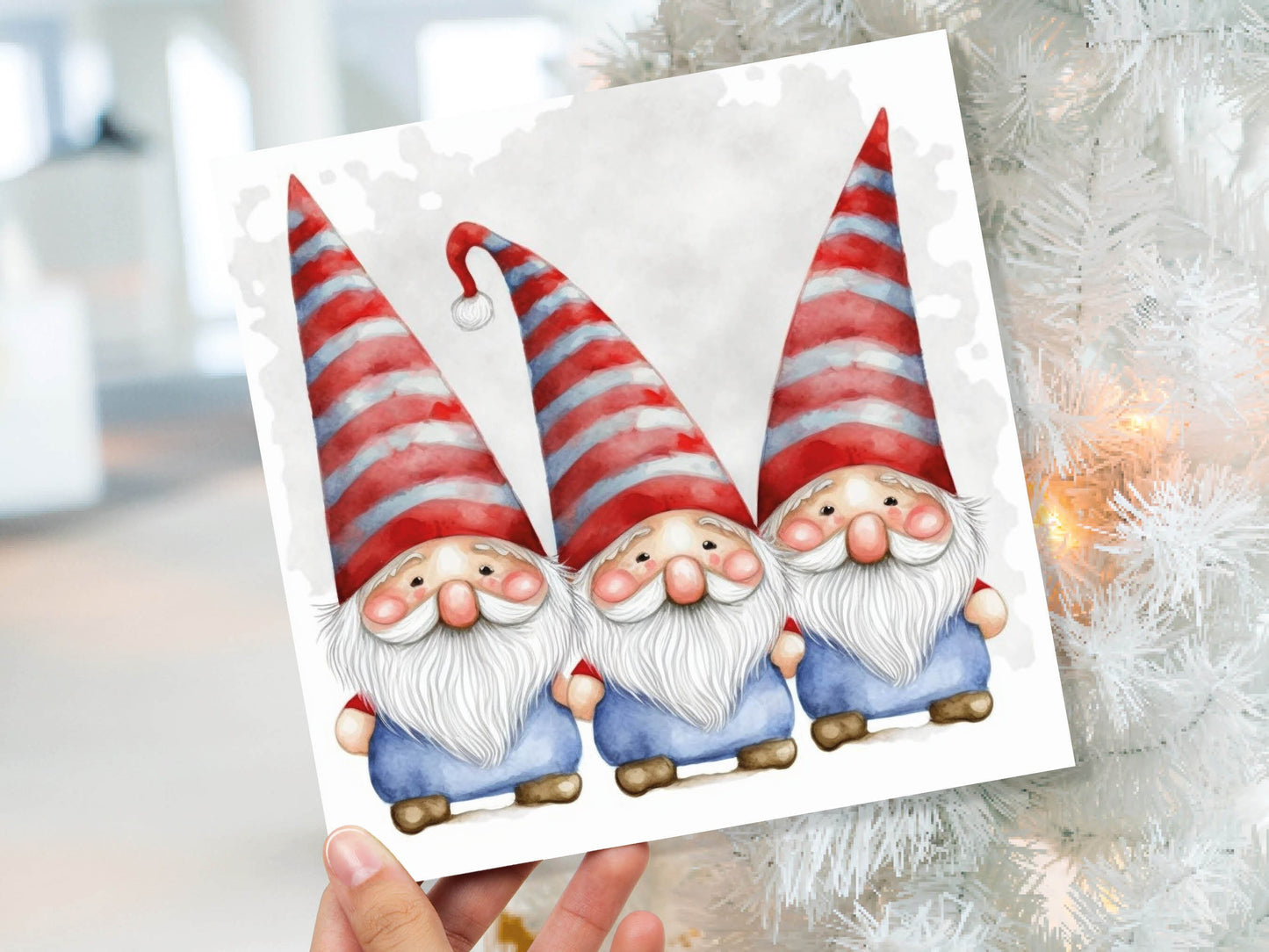 Cute Gonk Gnomes Christmas Card Red Blue White Watercolour Painting Pointy Hats and Beards Greetings Cards For Family Best Friends Xmas 2023