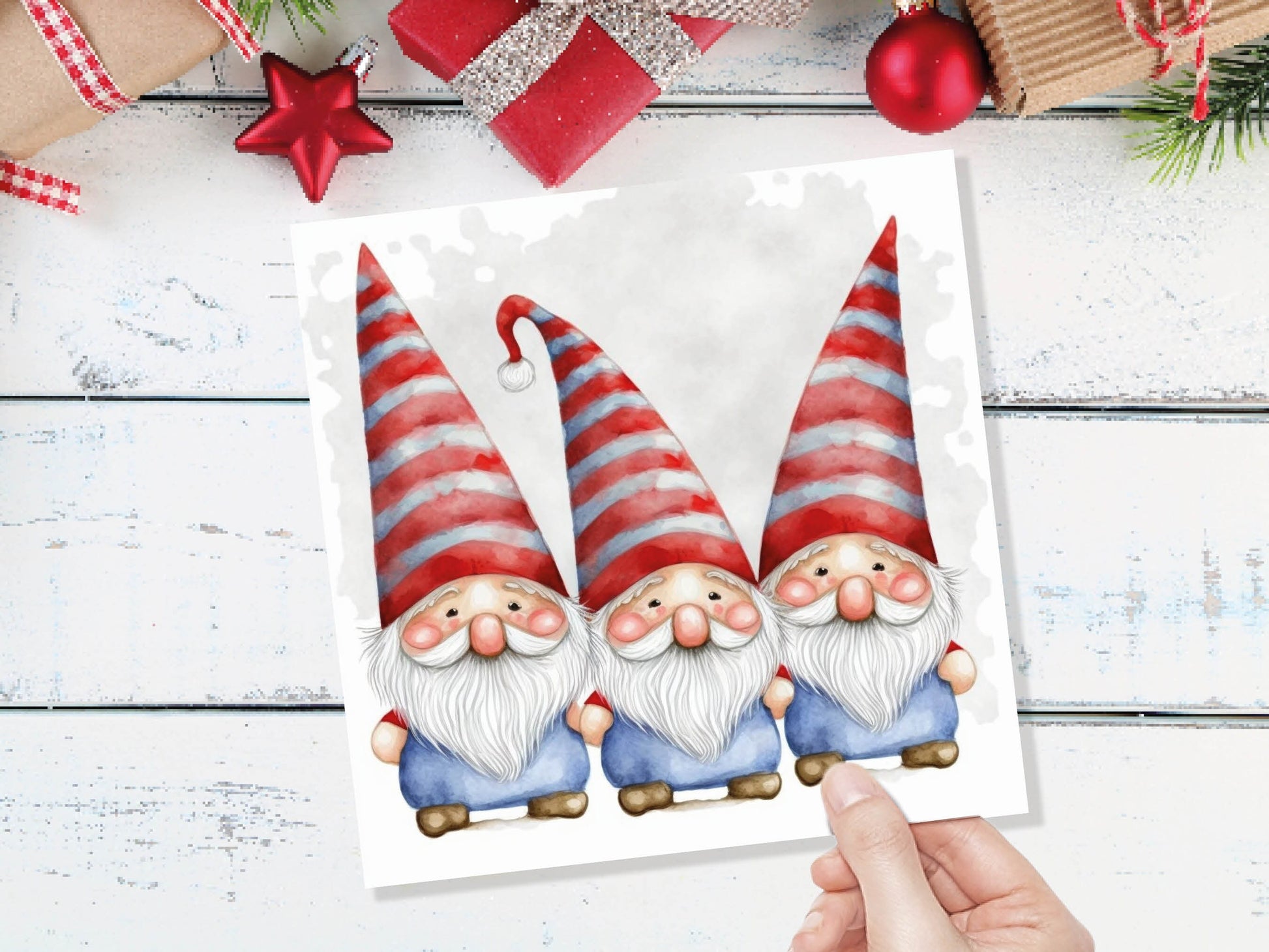 Cute Gonk Gnomes Christmas Card Red Blue White Watercolour Painting Pointy Hats and Beards Greetings Cards For Family Best Friends Xmas 2023