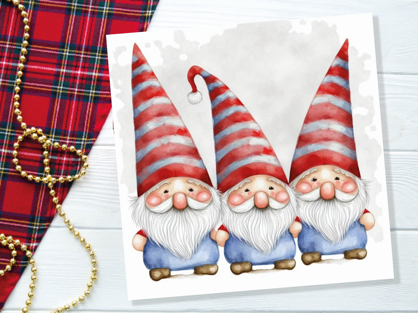 Cute Gonk Gnomes Christmas Card Red Blue White Watercolour Painting Pointy Hats and Beards Greetings Cards For Family Best Friends Xmas 2023