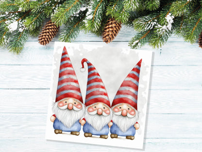 Cute Gonk Gnomes Christmas Card Red Blue White Watercolour Painting Pointy Hats and Beards Greetings Cards For Family Best Friends Xmas 2023