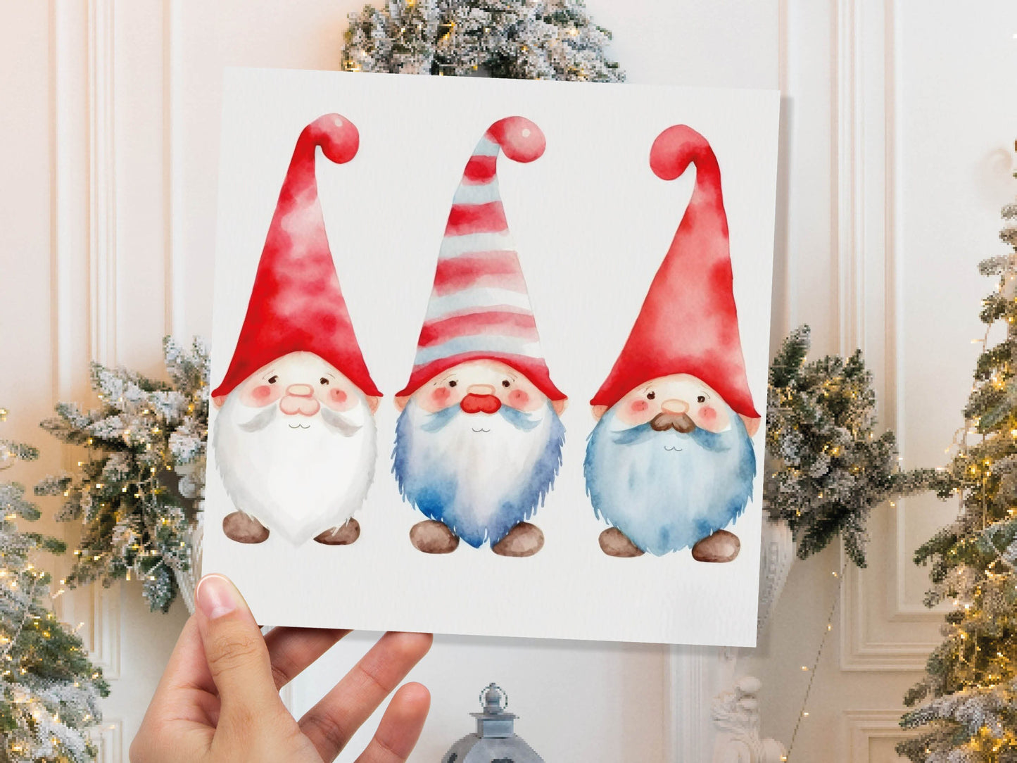 Christmas Gnomes Card Cute Gonk Myth Red White Watercolour Painting Pointy Hats and Beards Greetings Cards For Family Best Friends Xmas 2023