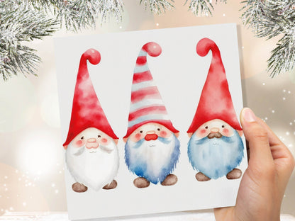 Christmas Gnomes Card Cute Gonk Myth Red White Watercolour Painting Pointy Hats and Beards Greetings Cards For Family Best Friends Xmas 2023