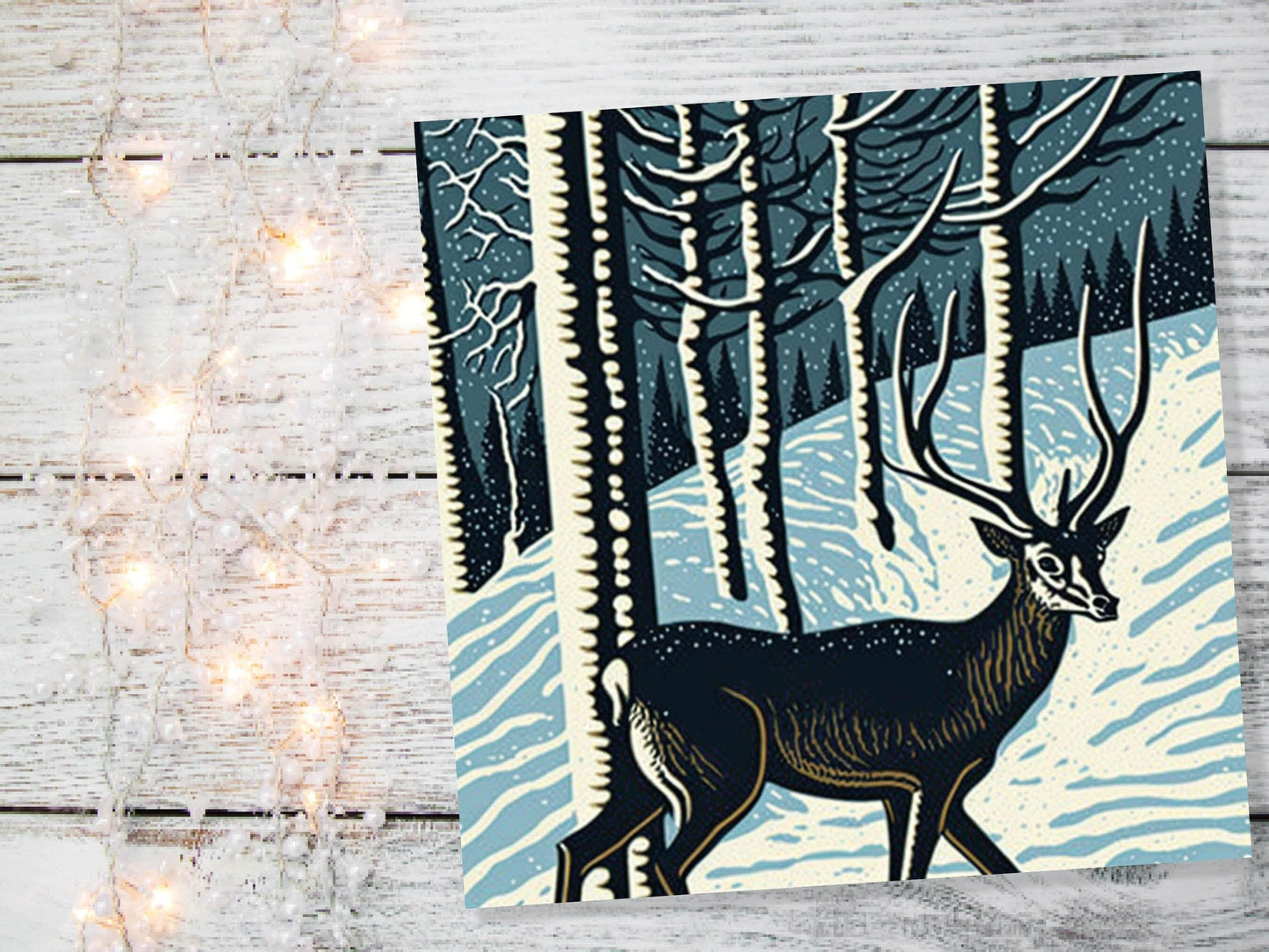 Linocut Deer Card Winter Snowy Woodland Illustration Blue White Black Landscape Snow Scene Greetings For Family Friends Birthdays Thank You