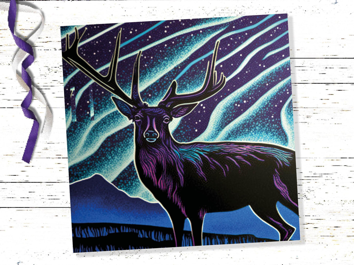 Linocut Deer Card Northern Lights Winter Landscape Night Sky Illustration Snowy Snow Scene Greetings For Family Friends Birthdays Thank You