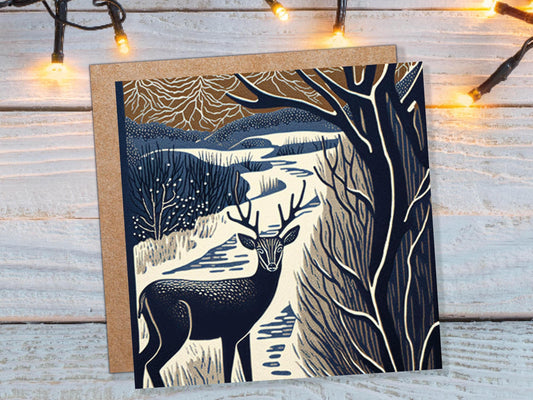 Deer Winter Card Linocut Brown and Blue Snowy Winter Landscape Forest River Woodland Snow Scene Birthday Greetings Family Friends Thank You