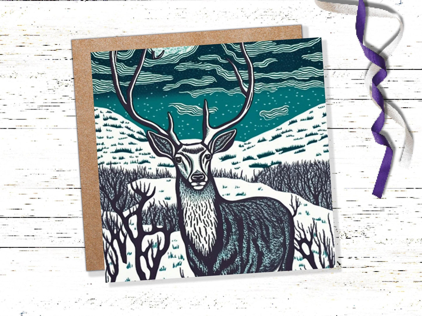 Deer Card Linocut Black and Blue Snowy Winter Landscape Highlands Snow Scene Mountains Sky Greetings For Family Friends Birthdays Thank You