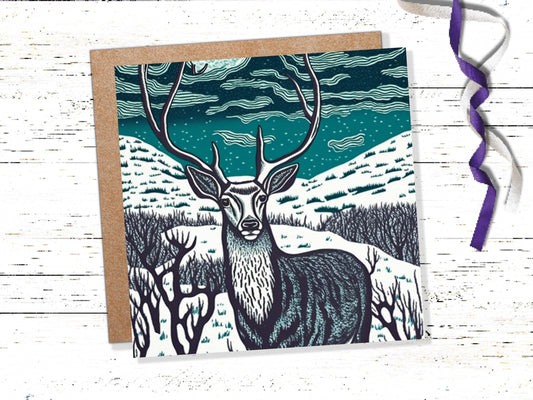 Deer Card Linocut Black and Blue Snowy Winter Landscape Highlands Snow Scene Mountains Sky Greetings For Family Friends Birthdays Thank You