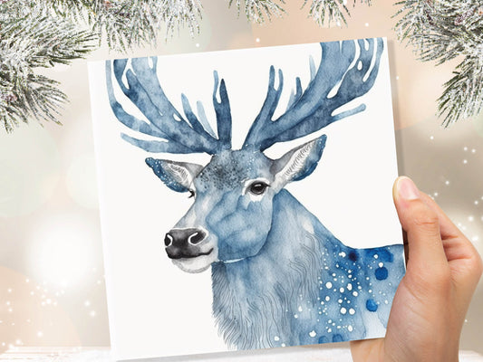 Watercolour Deer Card Blue Painted Winter Reindeer Magical Prussian Blues Elegant Icy Greetings Cards For Family Friends Birthdays Thank You