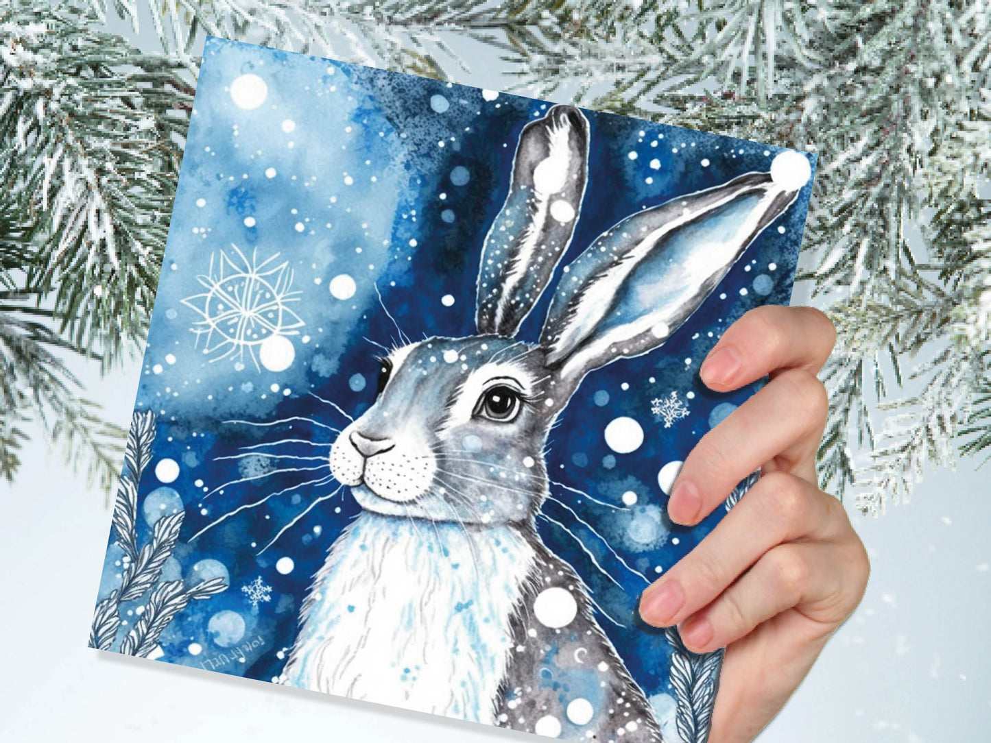 Winter Hare Beautiful Greetings Cards Blue Watercolour Snow Scene Snowy Rabbit Nature Landscape Cards For Family Friends Birthdays Thank You