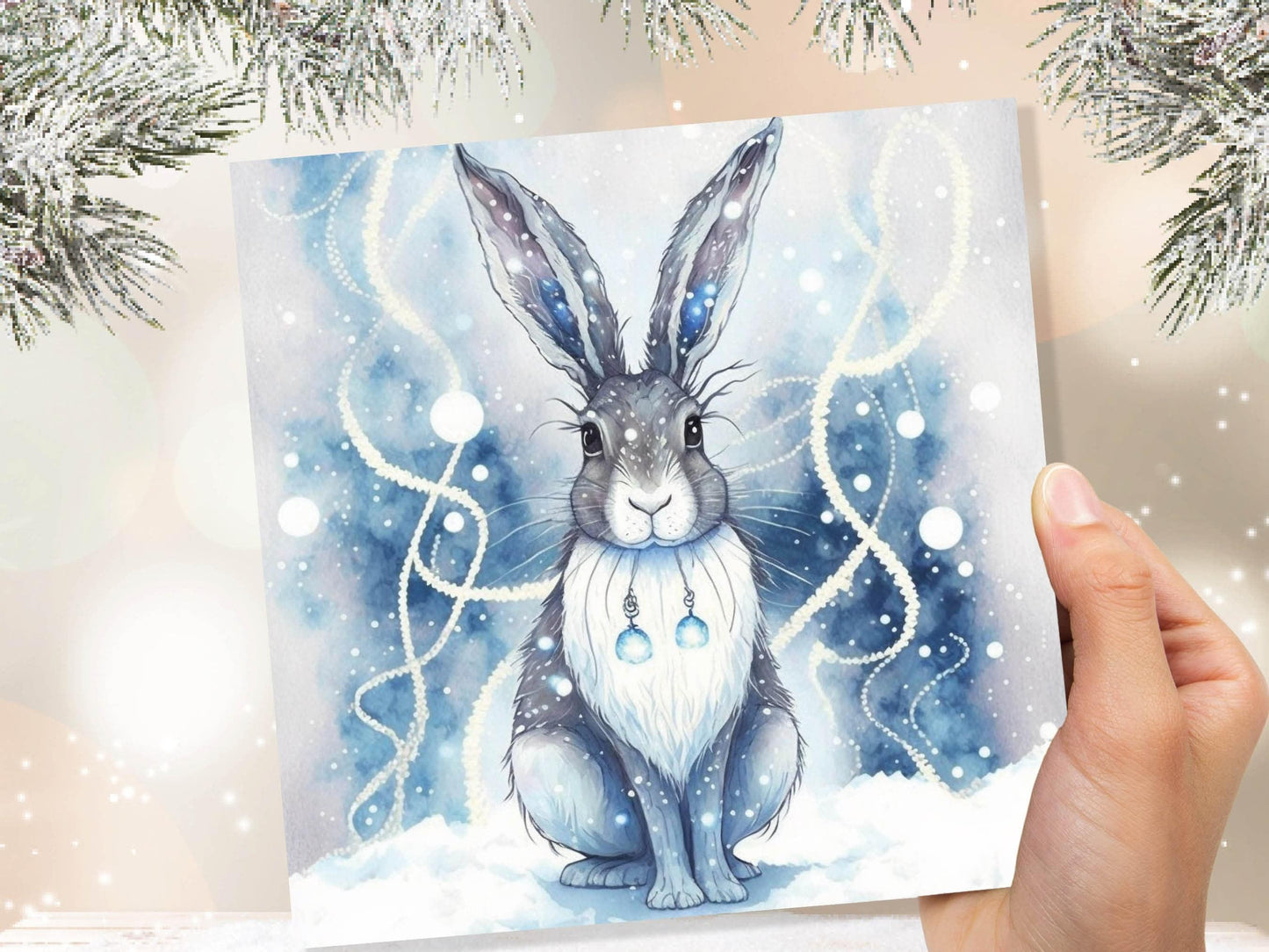 Magical Hare Card Beautiful Blue Winter Watercolour Snow Scene Snowy Lights Rabbit Greetings Card For Family Friends Birthdays Thank You BFF