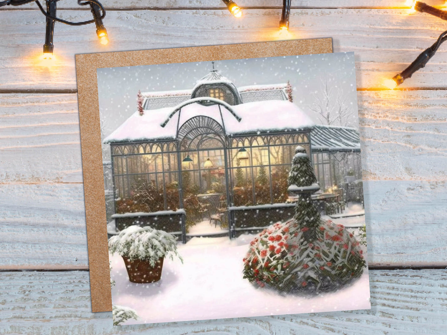 Snowy Greenhouse Card Winter Garden Gardeners Victorian Mansion Painting Unique Whimsical Greetings For Family Friends Birthdays Thank You