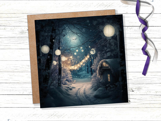 Magical Winter Night Christmas Card with Warm Fairy Lights Snow Blue Woodland Path Whimsical Greetings Cards For Family Friends Xmas 2023