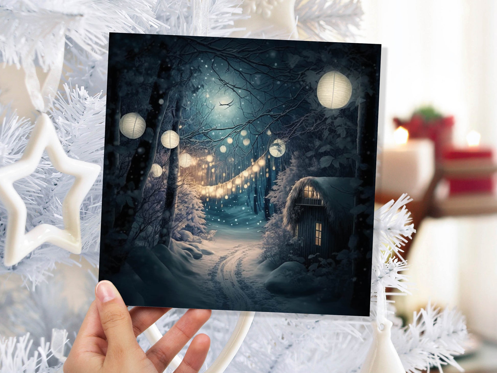 Magical Winter Night Christmas Card with Warm Fairy Lights Snow Blue Woodland Path Whimsical Greetings Cards For Family Friends Xmas 2023