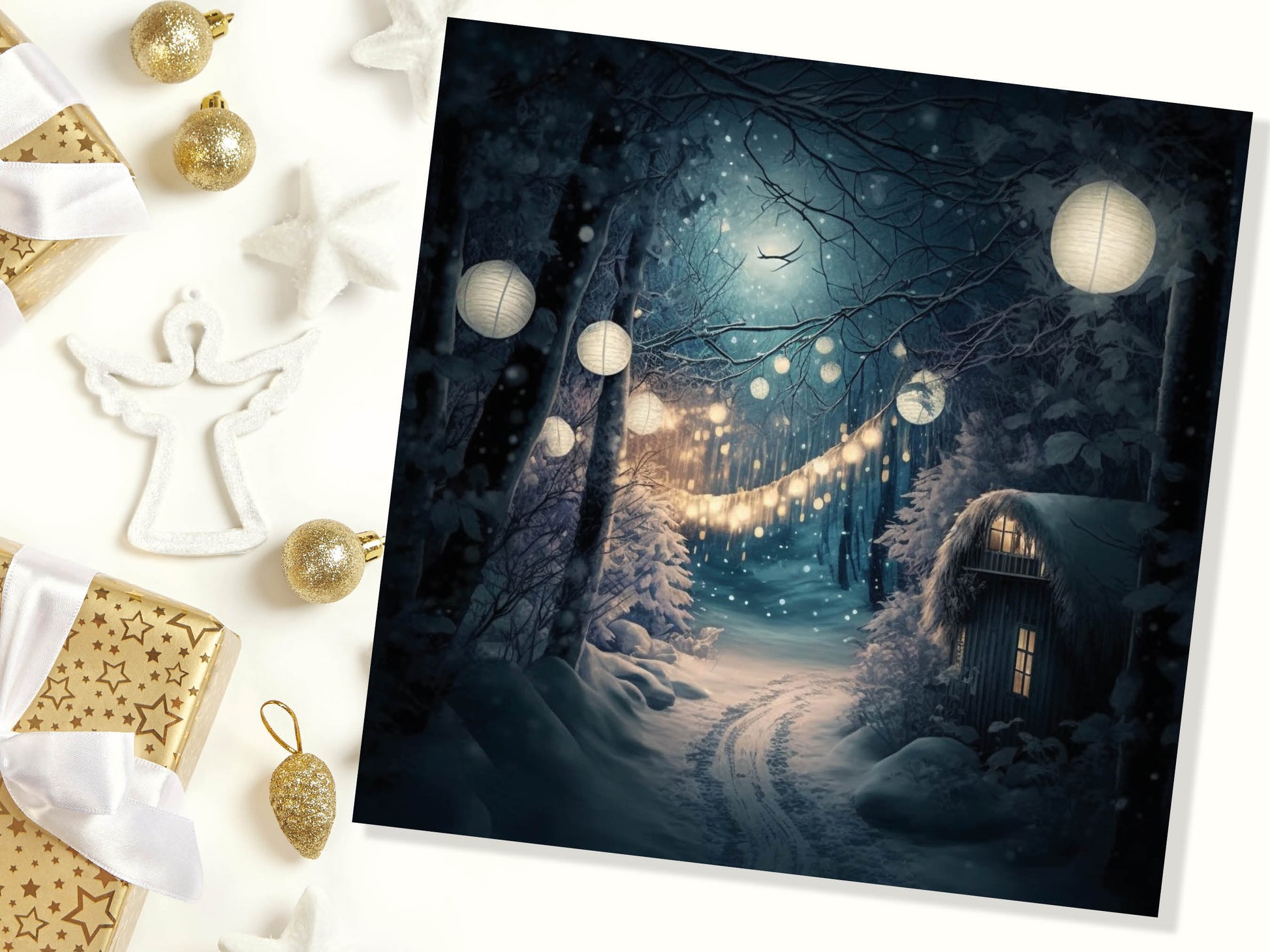 Magical Winter Night Christmas Card with Warm Fairy Lights Snow Blue Woodland Path Whimsical Greetings Cards For Family Friends Xmas 2023