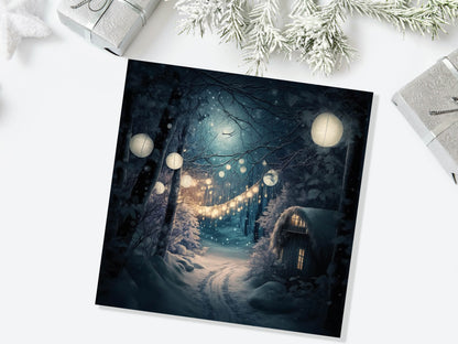 Magical Winter Night Christmas Card with Warm Fairy Lights Snow Blue Woodland Path Whimsical Greetings Cards For Family Friends Xmas 2023