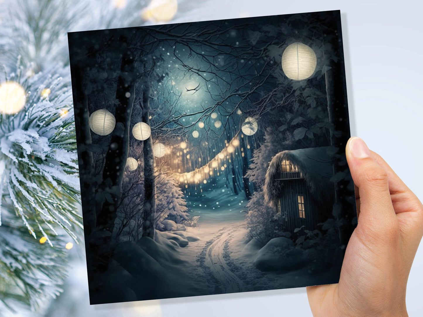 Magical Winter Night Christmas Card with Warm Fairy Lights Snow Blue Woodland Path Whimsical Greetings Cards For Family Friends Xmas 2023