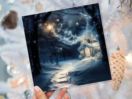 Magical Winter Card with Cozy Firefly Snow Blue Whimsical Woodland Cottage Path Greetings Cards For Family Friends Birthdays Thank You BFF