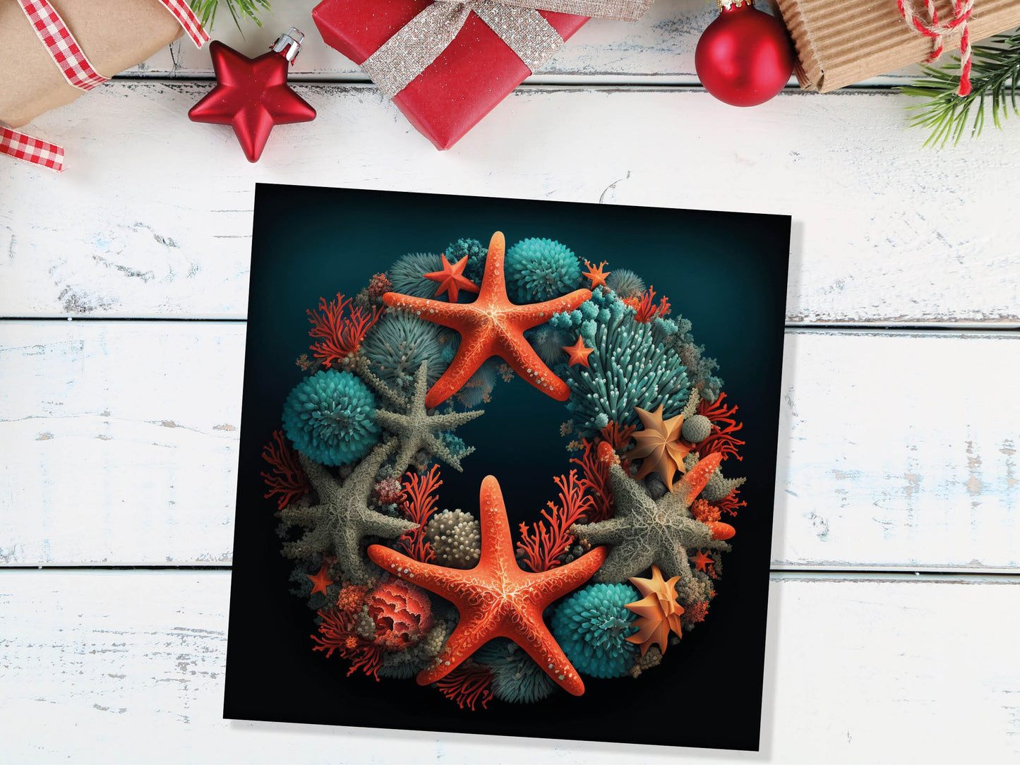 Coral Wreath Christmas Card Funny Ocean Reef Pun with Shells and Starfish Teal Orange Festive Greetings Cards For Family Friends Xmas 2023