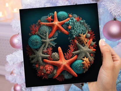 Coral Wreath Christmas Card Funny Ocean Reef Pun with Shells and Starfish Teal Orange Festive Greetings Cards For Family Friends Xmas 2023