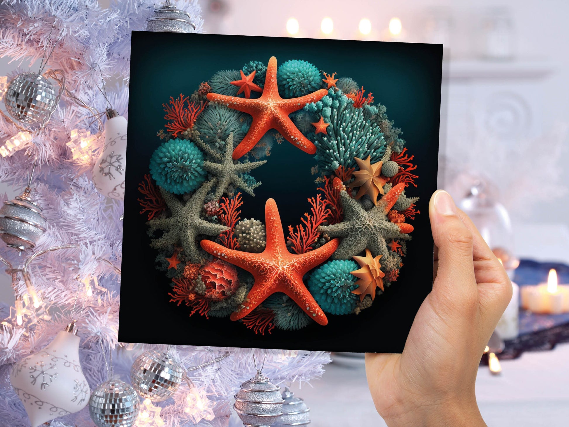 Coral Wreath Christmas Card Funny Ocean Reef Pun with Shells and Starfish Teal Orange Festive Greetings Cards For Family Friends Xmas 2023