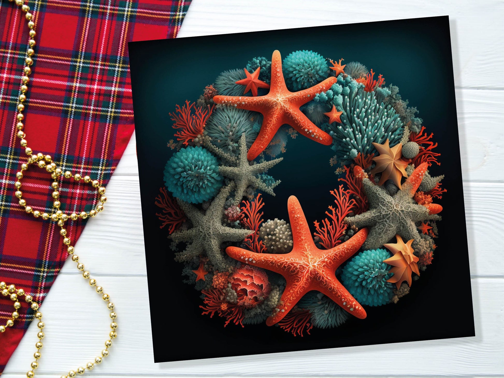 Coral Wreath Christmas Card Funny Ocean Reef Pun with Shells and Starfish Teal Orange Festive Greetings Cards For Family Friends Xmas 2023