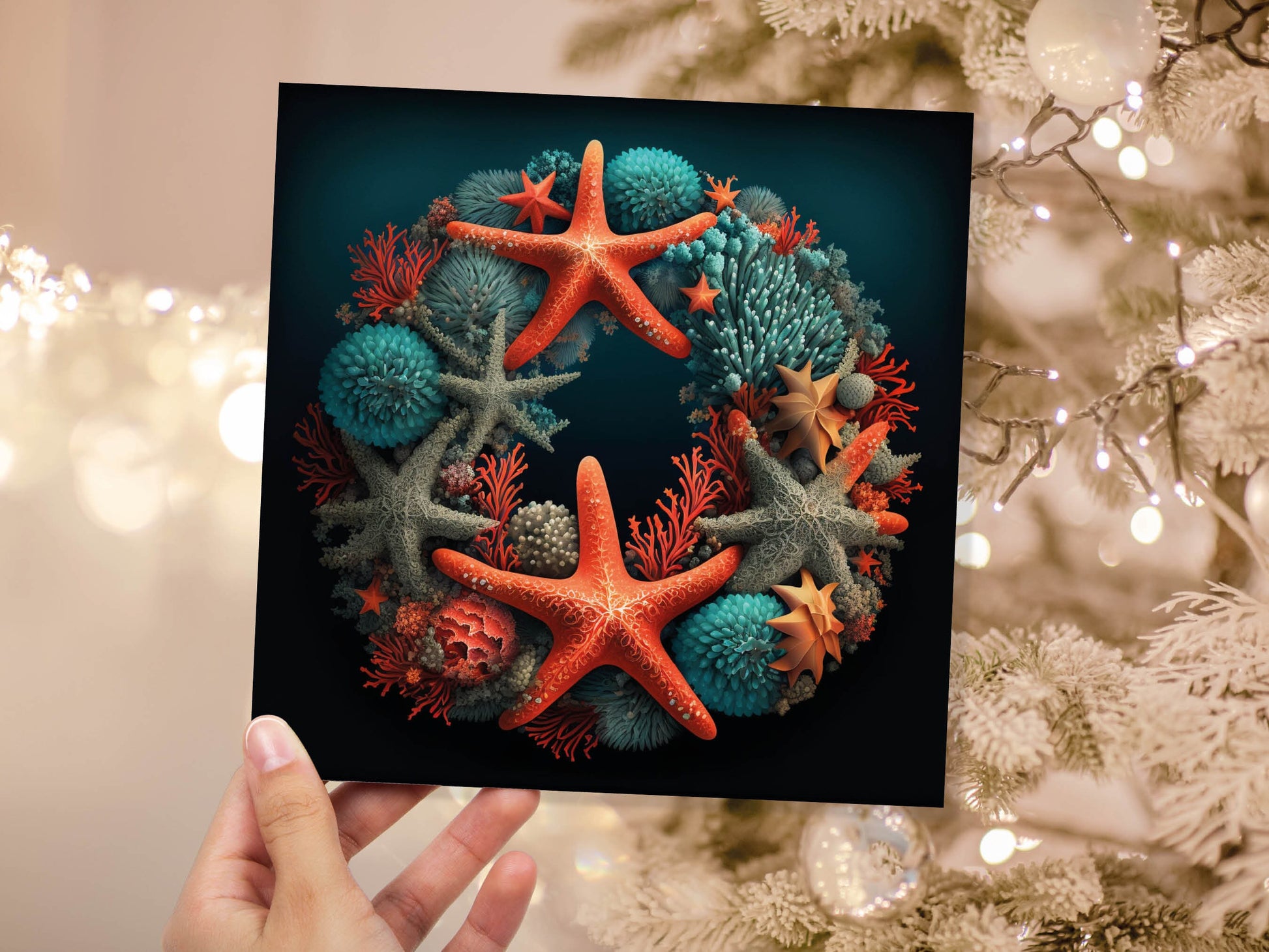 Coral Wreath Christmas Card Funny Ocean Reef Pun with Shells and Starfish Teal Orange Festive Greetings Cards For Family Friends Xmas 2023